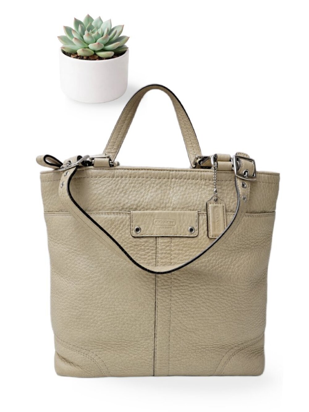 Coach Cream Ivory Pebbled Leather Tote Shoulder Bag Buckle Straps Purse F13089